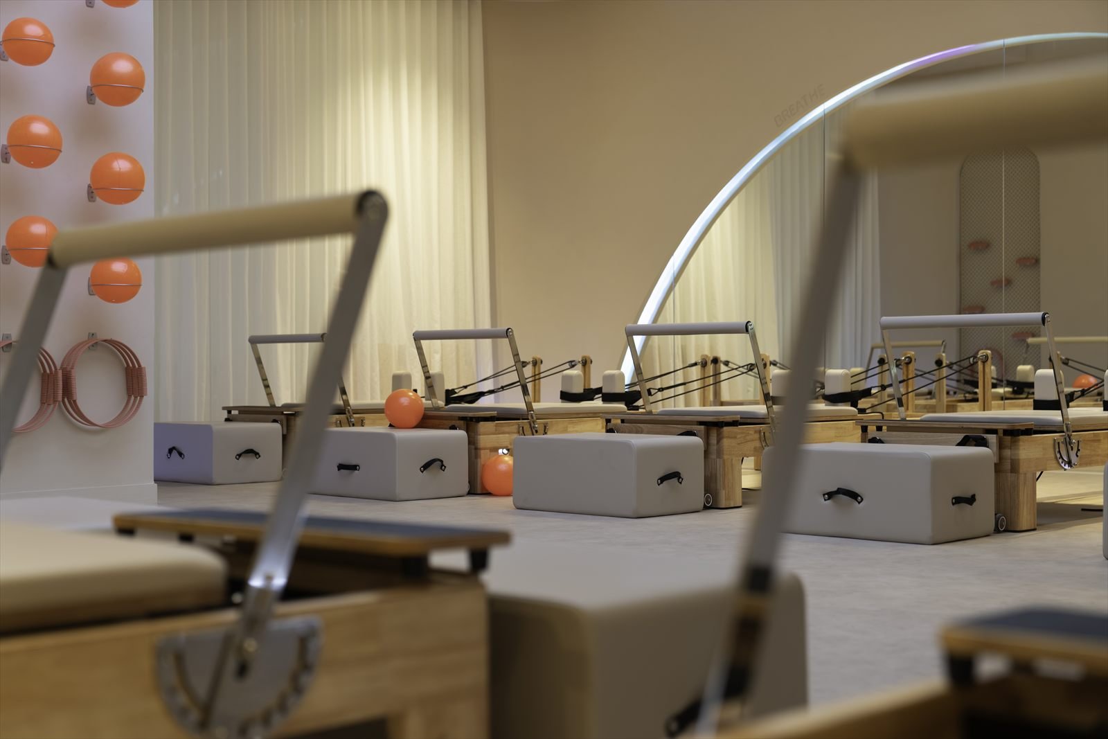 Pilates toning balls and rings on the wall at Studio 8 ladies-only studio, New Cairo
